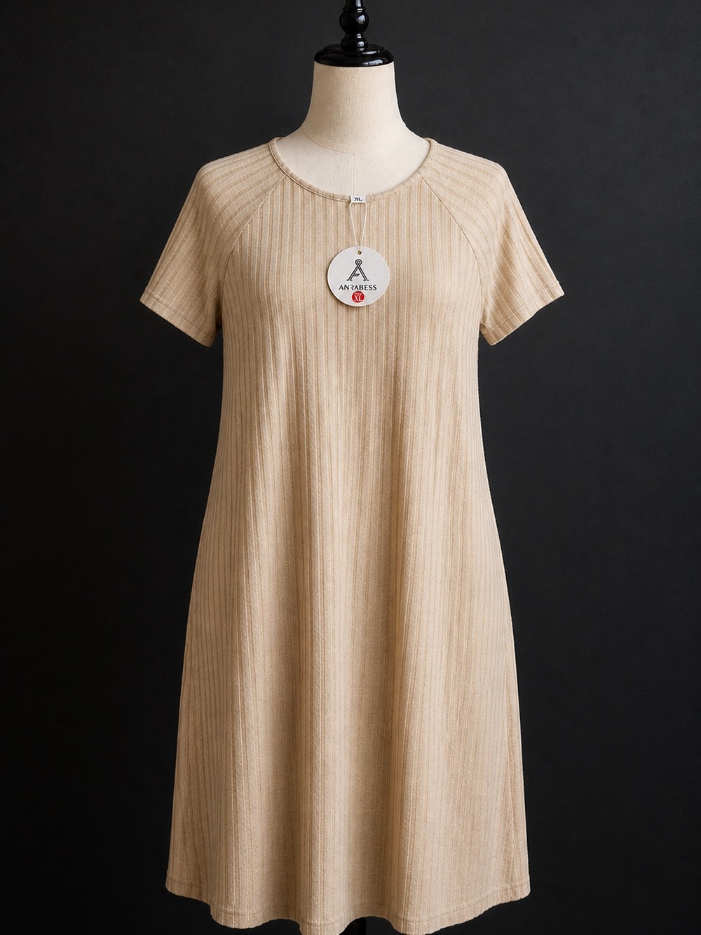 NWT ANRABESS Ribbed Knit Dress Neutral Beige Oatmeal Size XL